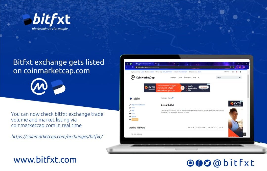 Bitfxt Exchange is now listed on coinmarketcap cryptocurrency data aggregator. 