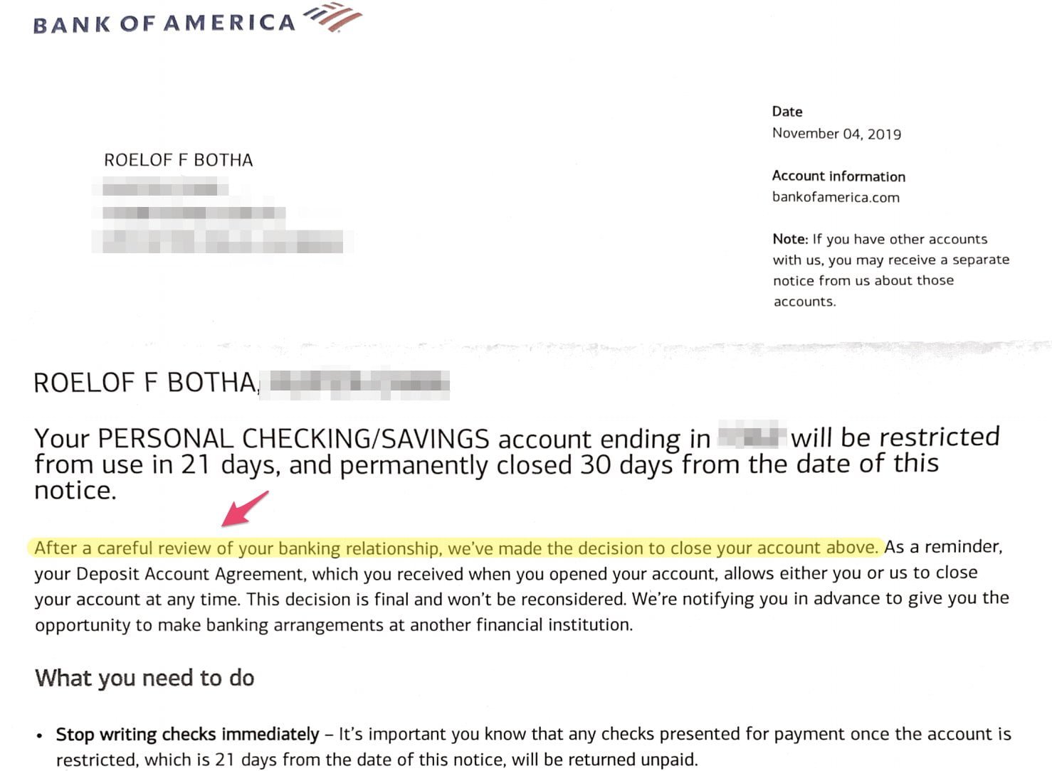 Bank Of America Bans Former CFO of PayPal from owning a bank account at its bank in America.
