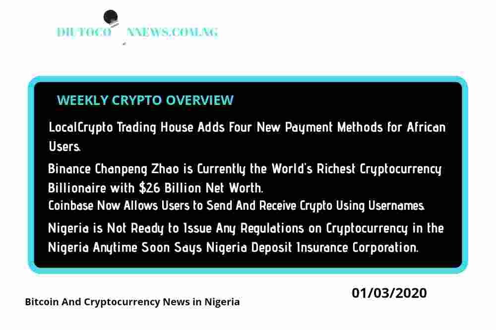 Diutocoinnews Weekly: LocalCrypto Trading House Adds Four New Payment Methods for African Users.