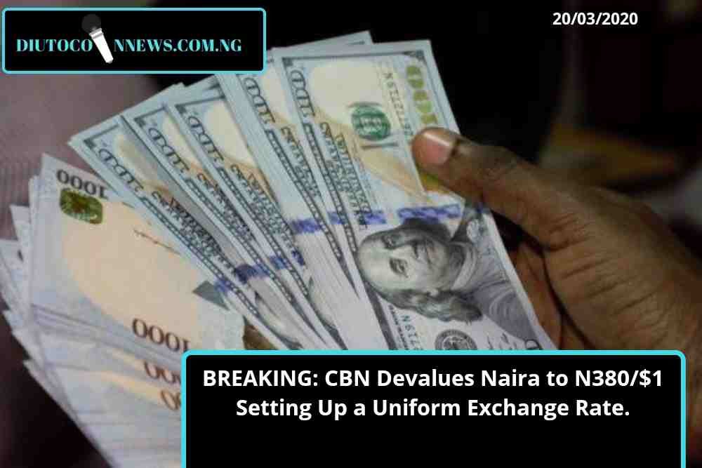 BREAKING: CBN Devalues Naira to N380/$1 Setting Up a Uniform Exchange Rate.