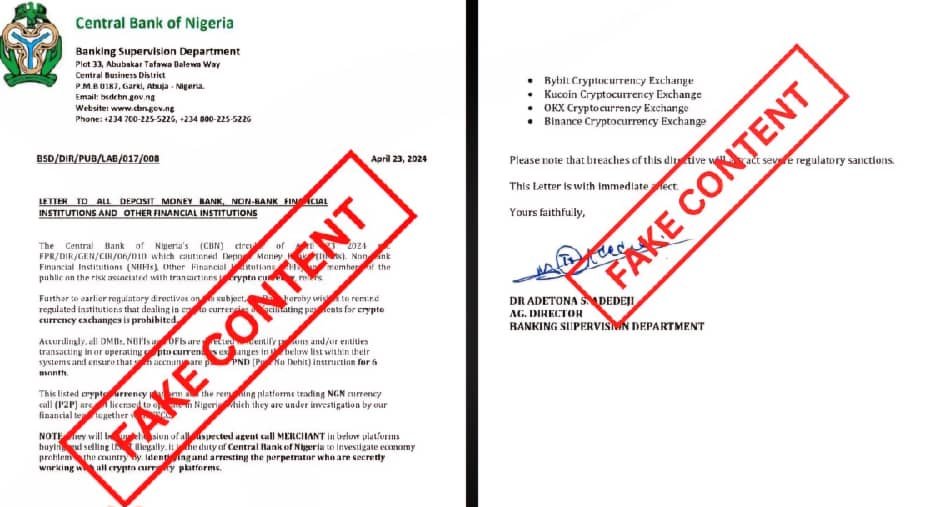 CBN Refutes Claims on a Circluar Claiming to Apprehend P2P Merchants in Nigeria.